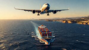 Cargo aircraft flying over a container ship off the Italian coast