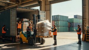 Forklift loading palletized cargo into a shipping container at an Italian freight terminal