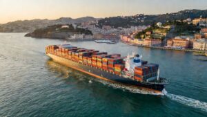 Container ship departing the Port of Genoa, Italy bound for the USA