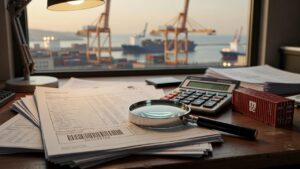 Customs tariff documents and calculator at a freight office overlooking an Italian port